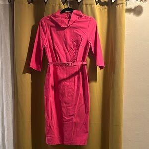 Elegant Retro Pink Belted Dress